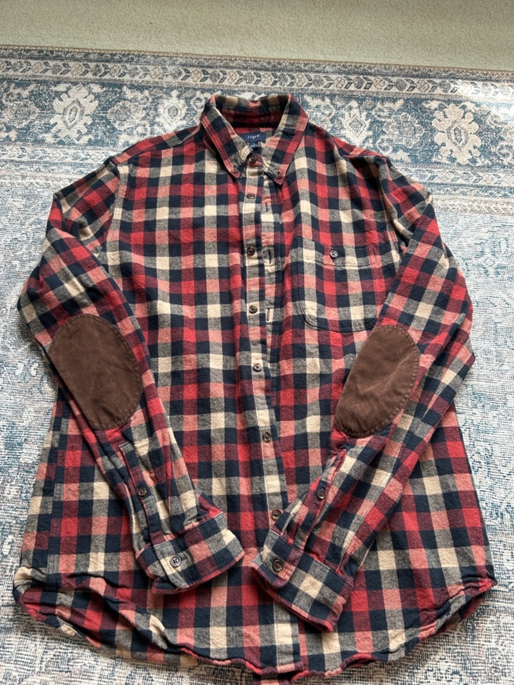 J Crew Men's Red and Navy Plaid Button-Down Shirt with Brown Elbow Patches